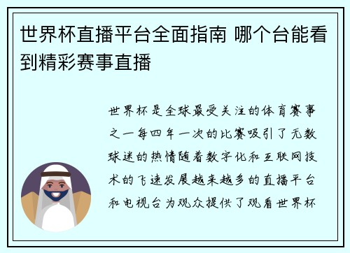 世界杯直播平台全面指南 哪个台能看到精彩赛事直播